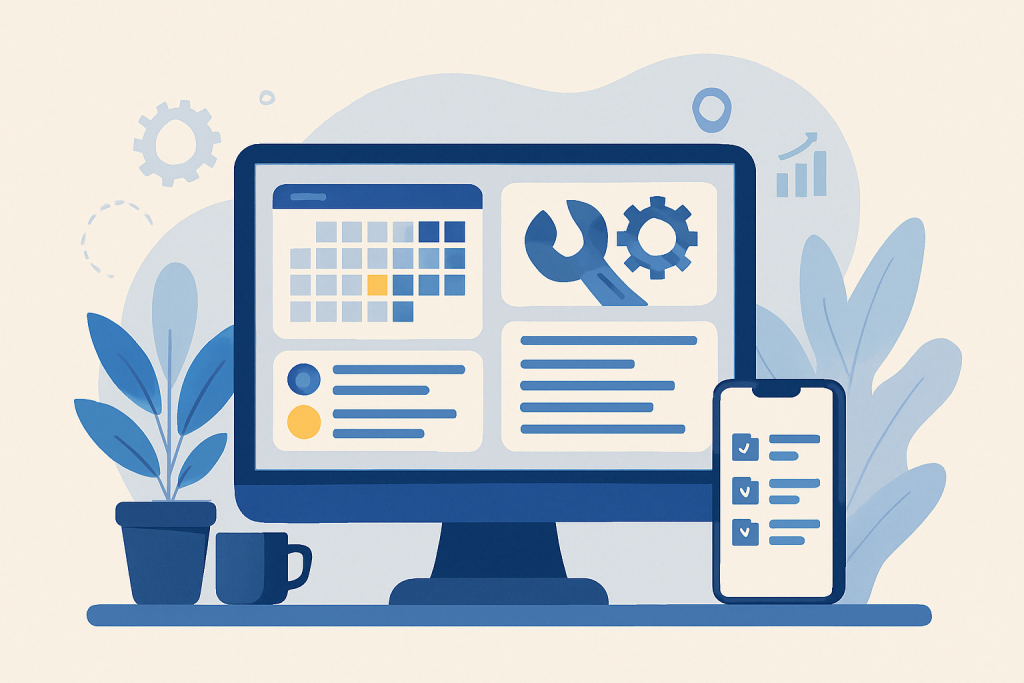 Illustration d’un bureau avec écran affichant une interface GMAO, smartphone et outils de maintenance.